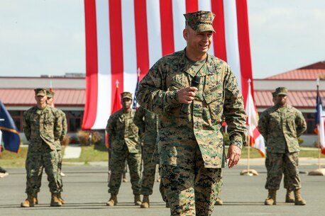 U.S. Marine Sgt. Maj. Douglas B. Schaefer, outgoing Sgt. Maj. of the 15th Marine Expeditionary Unit, speaks during a relief and appointment ceremony aboard Camp Pendleton, Calif., Mar. 4, 2016. The 15th MEU's relief and appointment ceremony signifies the passing of responsibility from Sgt. Maj. Schaefer to Sgt. Maj. Dennis K. Campbell. (U.S. Marine Corps photo by Sgt. Jamean R. Berry/Released)