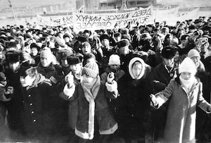 Demonstrations for democracy in Mongolia’s capital city, Ulaanbaatar, in 1990. Women were deeply involved in the nation’s democracy movement its earliest stages.