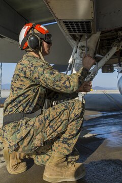 Lance Cpl. Garrett Tallent, aviation ordnance technician with Marine All-Weather Fighter Attack Squadron (VMFA) 224, installs chaff and flare buckets on an F/A-18D Hornet at Marine Corps Air Station Iwakuni, Japan, March 3, 2016. Consisting of approximately 180 Marines and 10 F/A-18D Hornet aircraft, VMFA(AW)-224 arrived in Iwakuni Oct. 7, 2015, as part of the Unit Deployment Program. VMFA(AW)-224, also known as the Fighting Bengals, will participate in exercise Island Warrior at Kaneohe Bay, Hawaii, before heading home to MCAS Beaufort, S.C. (U.S. Marine Corps photo by Lance Cpl. Aaron Henson/Released)
