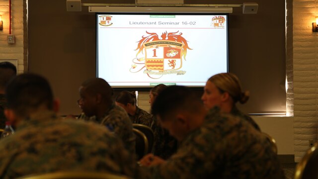 Students listen to remarks from an instructor during the 1st Marine Logistics Group lieutenant seminar aboard Camp Pendleton, Calif., Feb. 25, 2016. This seminar among first and second lieutenants in the Group was designed to garner knowledge and foster the camaraderie within the ranks, forming confident and decisive leaders. The seminar had two sessions in February and will continue at least bi-annually. (U.S. Marine Corps photo by 1st Lt. Allison Burgos/Released)