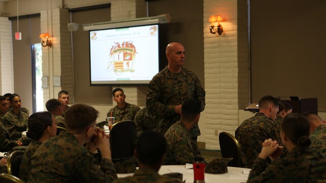 U.S. Marine Brig. Gen. David A. Ottignon speaks to lieutenants at the 1st Marine Logistics Group lieutenant seminar aboard Camp Pendleton, Calif., Feb. 25, 2016. Ottignon is the commanding general of 1st MLG. This seminar among first and second lieutenants in the Group was designed to garner knowledge and foster the camaraderie within the ranks, forming confident and decisive leaders. The seminar had two sessions in February and will continue at least bi-annually. (U.S. Marine Corps photo by 1st Lt. Allison Burgos/Released)