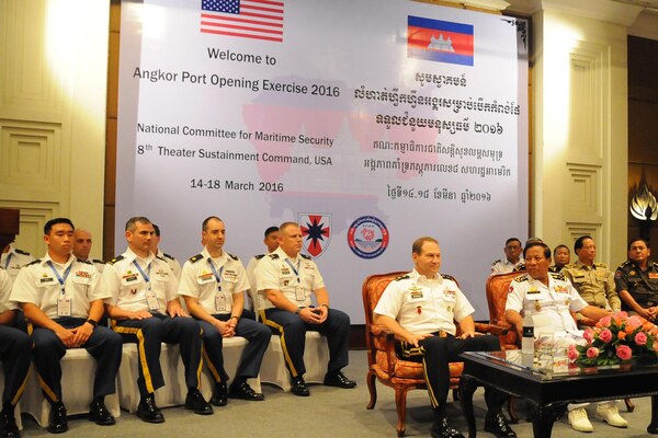 Joint, interagency and multinational sustainment experts gather in Phnom Penh, Cambodia, March 14, 2016, for Angkor Opening 2016, a weeklong exchange and table top exercise designed to build partnerships, interoperability and readiness in humanitarian assistance and disaster relief port opening operations. Army photo by Master Sgt. Mary E. Ferguson