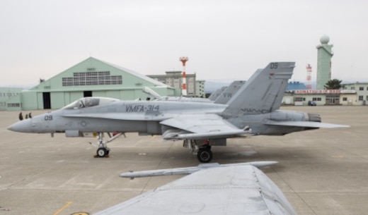 FA-18A++ Hornets with Marine Fighter Attack Squadron(VMFA) 314, forward based at Marine Corps Air Station Iwakuni, Japan, are lined up on the flightline at Komatsu Air Base, Japan, during the Komatsu Aviation Training Relocation exercise March 7-18, 2016. VMFA-314, also known as the “Black Knights,” took the lead in conducting dissimilar air combat training and bilateral tactical mission training with the Japan Air Self-Defense Force. Not only does this training mission increase the squadron’s readiness in air-to-air mission sets and executes flight leadership qualification upgrades, it supports theater security cooperation and combined interoperability with the JASDF. (U.S. Marine Corps photo by Cpl. Nicole Zurbrugg/Released)