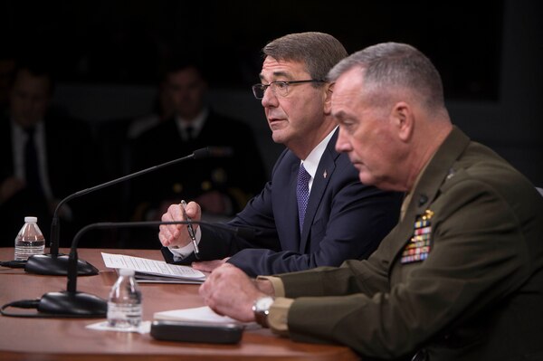 Defense Secretary Ash Carter and Marine Corps Gen. Joe Dunford, chairman of the Joint Chiefs of Staff, answer questions about efforts against the Islamic State of Iraq and the Levant during a news conference at the Pentagon, March 25, 2016. DoD photo by Navy Petty Officer 1st Class Tim D. Godbee