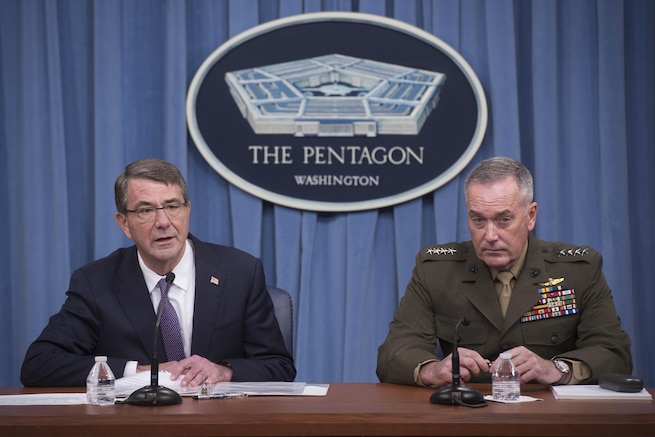 Defense Secretary Ash Carter and Marine Corps Gen. Joe Dunford, chairman of the Joint Chiefs of Staff, speak to reporters about efforts against the Islamic State of Iraq and the Levant during a news conference at the Pentagon, March 25, 2016. DoD photo by Navy Petty Officer 1st Class Tim D. Godbee