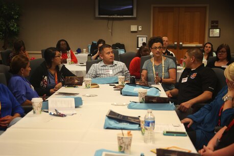 Becky Salazar levels with spouses about how their personalities differ from their Marines and being aware of these differences can help strengthen their marriages at home March 23, 2016, at the Marine Bachelor's Officer Quarters, Beaufort Air Station, S.C. To assess their own personalities, spouses participated in a Four Lenses class, taught by Salazar, which breaks up personalities into four colors: blue, gold, orange, and green. Salazar is a Life Skills Program Trainer for Marine Corps Family Team Building. (Official Marine Corps photo by Cpl. Diamond N. Peden/Released)