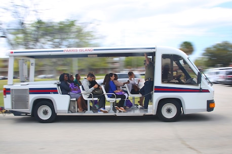 Spouses of 6th Marine Corps District Marine recruiters tour Marine Corps Recruit Depot Parris Island on a tram with a tour guide March 24, 2016. The spouses participated in the District Spouse Orientation Training and received classes about recruiting, how it affects the Marine Corps, and strengthening their marriages. (Official Marine Corps photo by Cpl. Diamond N. Peden/Released)