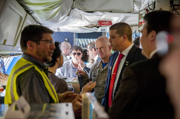 Col. Andrew Hansen, 51st Fighter Wing commander, receives an overview of the NASA DC-8 that is part of the Korea United States-Air Quality (KORUS-AQ) Experiment at Osan Air Base, Republic of Korea, April 29, 2016. KORUS-AQ is a joint field study by NASA and the National Institute of Environmental Research (NIER) that will advance the ability to monitor air pollution more accurately from space. (U.S. Air Force photo by Staff Sgt. Jonathan Steffen/Released)