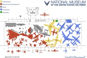 Artist rendering of the aircraft layout in the fourth building at the National Museum of the U.S. Air Force. The building will house the Research & Development, Space, Presidential and Global Reach Galleries. (Updated April 2016. Subject to change.)
