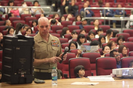 MCB Camp Foster opens its gates to Japanese employees’ family members for the annual MLC appreciation day on April 29, 2016. Col. Thomas Pecina gave a welcome speach to Japanese audience at the Camp Foster theater and participated in photo session with Japanese employees and their families.