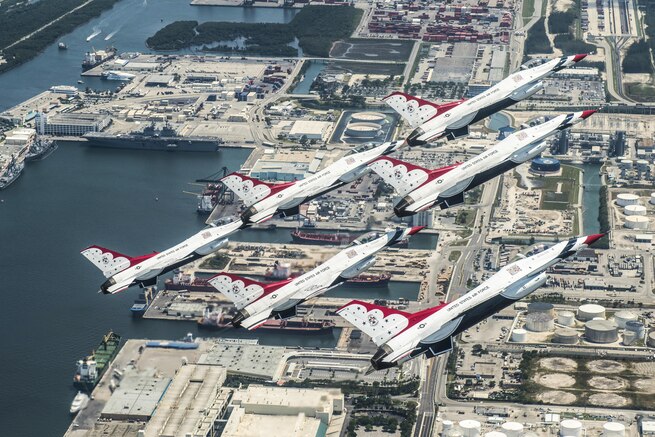 The Thunderbirds, the Air Force's demonstration squadron, practice a delta formation over Fort Lauderdale, Fla., May 6, 2016, to prepare for the city's air show. Air Force photo by Tech. Sgt. Christopher Boitz
