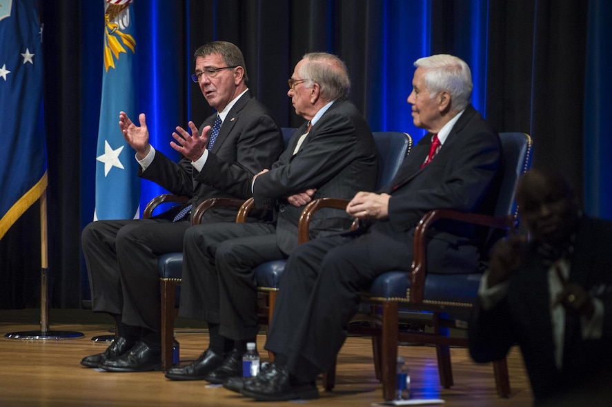 Defense Secretary Ash Carter, left, provides remarks as former U.S. Sens. Sam Nunn of Georgia, center, and Richard Lugan of Indiana look on during a ceremony commemorating the 25th Anniversary of the Nunn-Lugar Cooperative Threat Reduction Program at the Pentagon, May 9, 2016. DoD photo by Senior Master Sgt. Adrian Cadiz