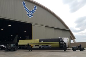 DAYTON, Ohio -- The HEXAGON KH-9 Reconnaissance Satellite being moved into the fourth building at the National Museum of the U.S. Air Force on May 10, 2016. (U.S. Air Force Photo) 