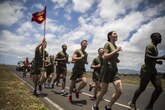 Marines with U.S. Marine Corps Forces, Pacific and Marine Corps Base Hawaii run a first-ever 5K memorial run in honor of Cpl. Sara Medina and Lance Cpl. Jacob Hug, aboard Ford Island, Hawaii, May 11, 2016. Medina and Hug, both combat camera Marines, died one year ago in a helicopter crash while documenting relief efforts in Nepal. Combat camera and public affairs units around the Marine Corps ran a 5K in unison to honor the two fallen Marines. (U.S. Marine Corps photo by Sgt. Matthew J. Bragg)
