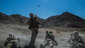 Sgt. Kyle Kimbriel, squad leader, 2nd Battalion, 8th Marine Regiment, throws an M67 hand grenade to clear out targets on at Range 410 while participating in Integrated Training Exercise 3-16 at Marine Corps Air Ground Combat Center, Twentynine Palms, California, May 9, 2016. 2/8 came from Marine Corps Base Camp Lejeune, North Carolina, to participate in ITX 3-16. 