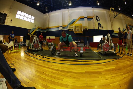 Andy Stephens, a Status of Forces Agreement member, prepares to deadlift during the 2016 Deadlift Competition at the IronWorks Gymnasium at Marine Corps Air Station Iwakuni, Japan, May 14, 2016. SOFA members and Japanese off-base residents competed in their respective weight class for the ultimate deadlift title. This competition gave participants a chance to showcase their physical strength, dedication to fitness, drive to win, and gave more incentive for service members to push their physical capabilities in a positive, competitive atmosphere. (U.S. Marine Corps photo by Sgt. Jessica Quezada/Released)