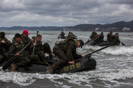 U.S. Marines with 1st Battalion, 3rd Marine Regiment, also known as “The Lava Dogs”, conduct inflatable boat training with the Republic of Korea (ROK) marines as a part of the Korea Marine Exchange Program (KMEP) in South Korea, April 04, 2016. KMEP is a program designed to increase interoperability and camaraderie between U.S. Marines and ROK marines. The alliance between the United States and the Republic of Korea has grown ever stronger based upon the shared interests and common values of both nations. (U.S. Marine Corps photos by MCIPAC Combat Camera Cpl. Erick Loarca/ Released)