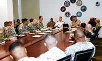 On May 16, CSM John Troxell, Senior Enlisted Advisor to the Chairman of the Joint Chiefs of Staff, visited the Defense Intelligence Agency and met with the Command Senior Enlisted Leader, MGySgt Scott Stalker. They discussed leadership, professional development, and military education. 
