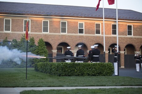 The United States Marine Corps Body Bearers fire cannons in honor of Lt. Gen. Robert E. Schmidle Jr. during his retirement ceremony, May 19, 2016. Schmidle was appointed as the Principle Director of Cost Assessment and Program Evaluations, Office of the Secretary of Defense in March of 2014, where he was responsible for analyzing and evaluating plans, programs and budgets in relation to U.S. defense objectives. (Official Marine Corps photo by Cpl. Chi Nguyen/Released)