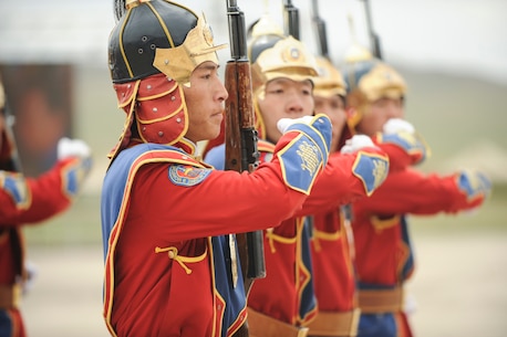 160522-N-WI365-193 ULAANBAATAR, Mongolia (May 22, 2016) - Members of the Mongolian Armed Forces Honor Guard march in formation at the parade field during the Khan Quest 2016 opening ceremony in Mongolia. Khan Quest 2016 is an annual multinational peacekeeping operations exercise conducted in Mongolia and is the capstone exercise for this year’s Global Peace Operations Initiative program. 