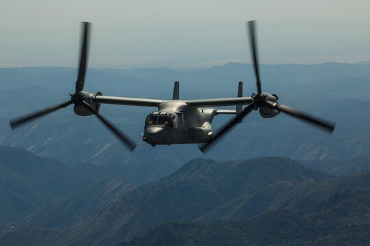 Marines with Marine Medium Tiltrotor Squadron (VMM) 161 “Greyhawks,” fly over Yosemite National Forest, Calif., May 19. Lt. Col. Andreas Lavato, commanding officer of VMM-161, conducted his last flight with the squadron prior to his change of command May 26. (U.S. Marine Corps photo by Sgt. Lillian Stephens/Released)