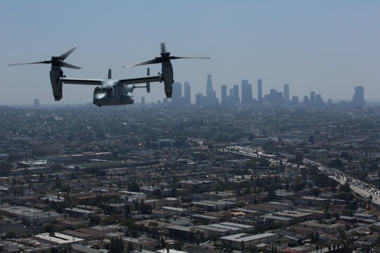 Marines with Marine Medium Tiltrotor Squadron (VMM) 161 “Greyhawks,” fly over Los Angeles, May 19. Lt. Col. Andreas Lavato, commanding officer of VMM-161, conducted his last flight with the squadron prior to his change of command May 26. (U.S. Marine Corps photo by Sgt. Lillian Stephens/Released)