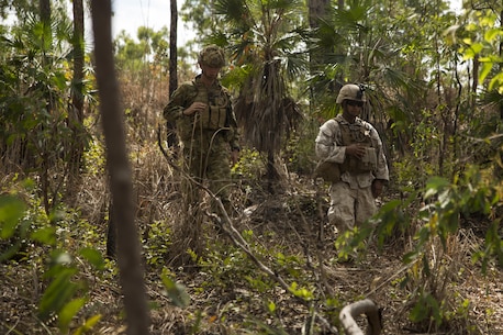 Australian Army Pvt. Jayden S. Oldride and U.S. Marine Cpl. Ernesto Argote, combat engineers, search through the thicket at Hidden Valley Motor Sports Complex, Northern Territory, Australia, on May 19, 2016. U.S. Marine and Australian Army combat engineers conducted clearing training to find improvised explosive device and caches. Marine Rotational Force - Darwin is a six-month deployment of Marines into Darwin, Australia, where they will conduct exercises and train with the Australian Defence Forces, strengthening the U.S.-Australia alliance. Oldride, from Campbelltown, New South Wales, Australia, is with 1st Combat Engineer Regiment, 1st Brigade. Argote, from Los Angeles, California, is with 1st Combat Engineer Battalion, MRF-D.