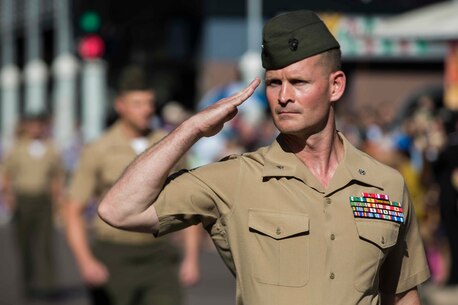 U.S. Marine Corps Lt. Col. Steven Sutey Commanding Officer of 1st Battalion, 1st Marine Regiment, marches in the Australian New Zealand Army Corps (ANZAC) Day in Darwin, Australia on April 25, 2016. Marine Rotational Force Darwin (MRF-D) is a six-month deployment of Marines into Darwin, Australia, where they will conduct exercises and train with the Australian Defence Forces, strengthening the U.S.-Australia alliance.