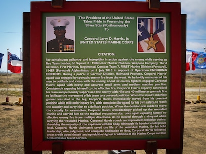 A citation is displayed at the newly dedicated Harris Trail at Edson Range's Crucible at Marine Corps Base Camp Pendleton, May 19.  An obstacle of the Crucible was named after Cpl. Larry Harris, who was killed in action on July 1, 2010.  His citation will be read every iteration of the Crucible, ensuring his heroics and legacy will never be forgotten. 