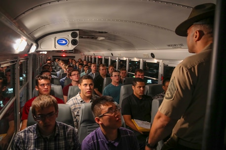 Staff Sgt. Joshua M. Cardona, chief drill instructor, Receiving Company, Support Battalion, welcomes new recruits of Alpha Company, 1st Recruit Training Battalion, to the depot during receiving at Marine Corps Recruit Depot San Diego, May 23. Once the recruits step off the bus, they immediately begin the transformation from civilian to Marine. Annually, more than 17,000 males recruited from the Western Recruiting Region are trained at MCRD San Diego. Alpha Company is scheduled to graduate Aug. 19.