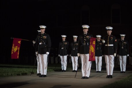 Marines from Marine Barracks Washington, D.C., perform during the Friday Evening Parade, May 27, 2016. The guest of honor for the parade was the Honorable Denis McDonough, White House chief of staff, and the hosting official was Gen. Robert B. Neller, commandant of the Marine Corps. (Official Marine Corps photo by Cpl. Chi Nguyen/Released)