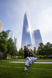 Members of the Marine Corps Silent Drill Platoon perform at the 9/11 Memorial during Fleet Week New York, May 29, 2016. U.S. Marines, sailors and Coast Guardsmen are in New York to interact with the public, demonstrate capabilities and teach the people of New York about America's sea services. (U.S. Marine Corps Photo by Sgt. Rebecca L. Floto, 2D MARDIV Combat Camera/Released)