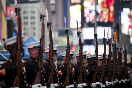 Members of the Marine Corps Silent Drill Platoon perform at Times Square in New York during Fleet Week, May 28, 2016. U.S. Marines, sailors and Coast Guardsmen are in New York to interact with the public, demonstrate capabilities and teach the people of New York about America’s sea services. (U.S. Marine Corps photo by Cpl. Todd F. Michalek/Released)
