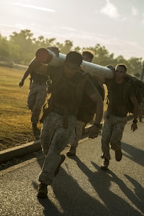 Marines and sailors start a squad competition carrying main packs and logs at Robertson Barracks, Northern Territory, Australia, on May 25, 2016. The squad-level competition determined which rifle squad or weapons platoon section had the best physical fitness, small-unit leadership, and cohesion within Company C, 1st Battalion, 1st Marine Regiment, Marine Rotational Force - Darwin.