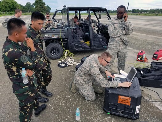 Communication professionals with the 18th Expeditionary Airlift Squadron and the Armed Forces of the Philippines conduct a subject matter expert exchange on a communications flyaway kit during the first day of the current iteration of the Air Contingent at Antonio Bautista Air Base, Philippines, Sept. 26, 2016. The flyaway kit is a rapidly deployable, self-contained satellite communication link that can be used in situations in which military forces must deploy to an area that does not have available communication platforms, particularly in times of natural disaster.  The Air Contingent is helping build the capacity of the Philippine Air Force and increases joint training, promotes interoperability and provides greater and more transparent air and maritime situational awareness to ensure safety for military and civilian activities in international waters and airspace. Its missions include air and maritime domain awareness, personnel recovery, combating piracy, and assuring access to the air and maritime domains in accordance with international law. (U.S. Air Force photo by Tech. Sgt. George Maddon)