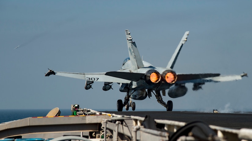 A Navy F/A-18C Hornet assigned to Strike Fighter Squadron 131 launches from the flight deck of the aircraft carrier USS Dwight D. Eisenhower in the Persian Gulf, Oct. 16, 2016. The Eisenhower carrier strike group is deployed in support of Operation Inherent Resolve, maritime security operations and theater security cooperation efforts in the U.S. 5th Fleet area of operations. Navy photo by Seaman Christopher A. Michaels