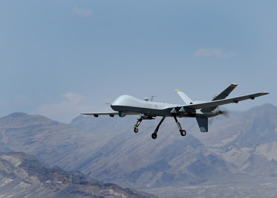 An MQ-9 Reaper flies a training mission Aug. 24, 2016, at Creech Air Force Base, Nevada. Creech operates 24/7/365 in support of global combat operations. (U.S. Air Force photo by Airman 1st Class James Thompson)