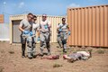 Airmen respond to a simulated mortar attack during the 2016 Emergency Medical Team Rodeo exercise at Melrose Training Range, Cannon Air Force Base, N.M., Aug. 26, 2016. The airmen are medical technicians assigned to the Emergency Medical Squadron from Keesler Air Force Base, Miss. The event tests the skills of medical professionals from across the Air Force through a series of innovative, high-pressure scenarios. Air Force photo by Master Sgt. Dennis J. Henry Jr.