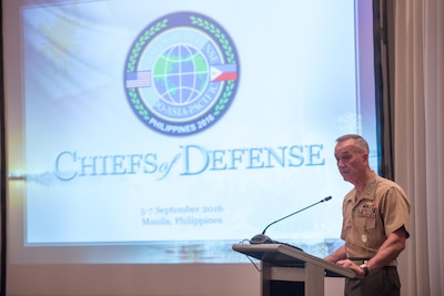 Marine Corps Gen. Joe Dunford, chairman of the Joint Chiefs of Staff, delivers opening remarks during the 2016 Chiefs of Defense Conference in Manila, the capital city of the Phillipines, Sept. 6, 2016. The event was hosted by the Armed Forces of the Philippines and U.S. Pacific Command. The CHOD Conference brings together military leaders to discuss regional and global challenges and to promote multilateral cooperation in the Indo-Asia-Pacific region. DoD photo by Army Sgt. James K. McCann