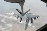 An Air Force F-16 Fighting Falcon approaches the boom of a KC-135R Stratotanker while flying over Iraq in support of Operation Inherent Resolve April 29, 2016. Air Force photo by Staff Sgt. Douglas Ellis/Released