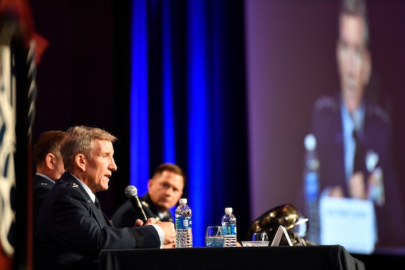 Gen. Hawk Carlisle, Lt. Gen. Christopher Bogdan, Brig. Gen. Scott Pleus and Col. David Lyons, speak during the F-35 Lightning II reaching initial operational capability panel discussion during the Air Force Association's Air, Space and Cyber Conference in National Harbor, Md., Sept. 20, 2016.  Carlisle is the Air Combat Command commander, Bogdan is the F-35 Lightning II Joint Program Office executive officer, Pleus is the F-35 Integration Office director, and Lyons is the 388th Fighter Wing commander. (U.S. Air Force photo/Tech. Sgt. Anthony Nelson Jr.)
