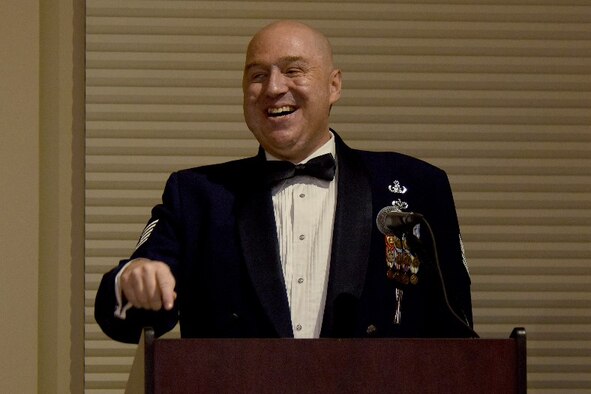 Retired Tech. Sgt. C. Matthew Slaydon, former explosive ordnance disposal technician and wounded warrior, speaks to attendees of the Air Force Ball, Sept. 17, 2016, in Heritage Hall at Seymour Johnson Air Force Base, North Carolina. Slaydon spoke to those in attendance about his time in the Air Force, and his appreciation for today’s Airmen during his speech. (U.S. photo by Airman Miranda A. Loera)