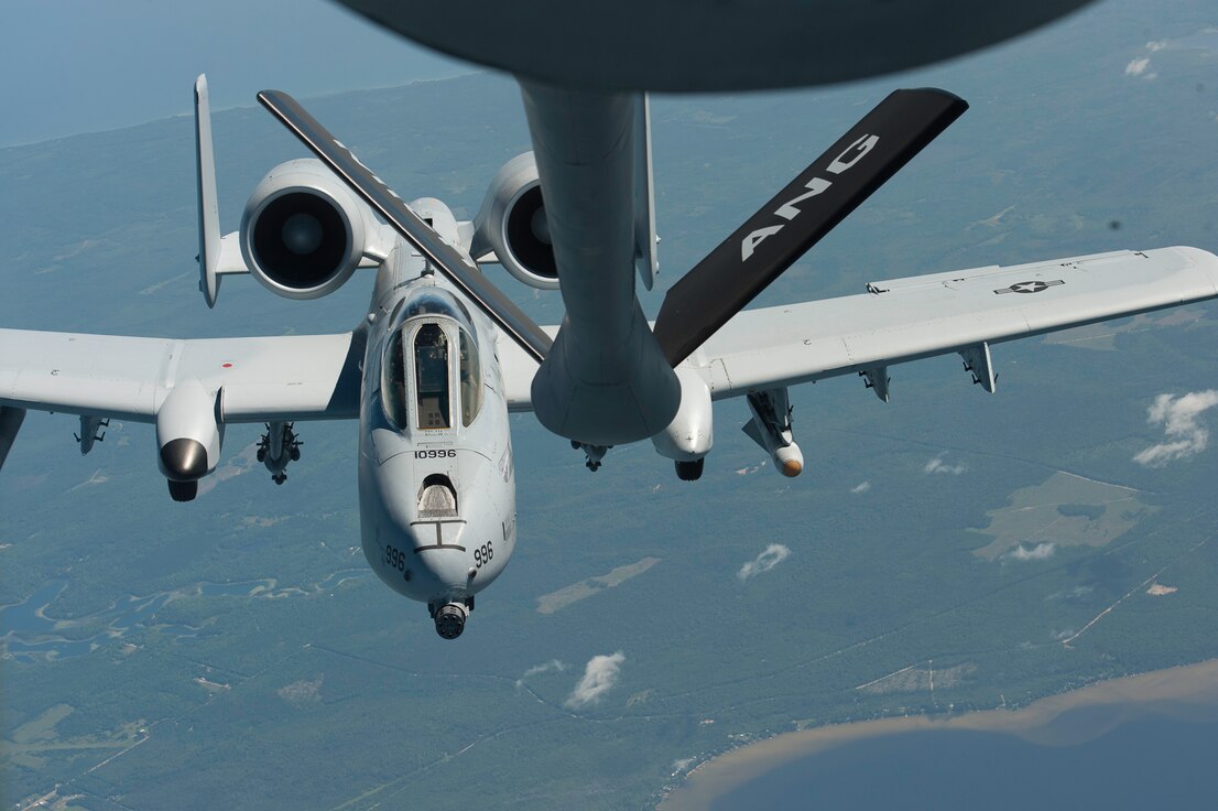 KC-135 Stratotanker refuels an A-10 Thunderbolt II