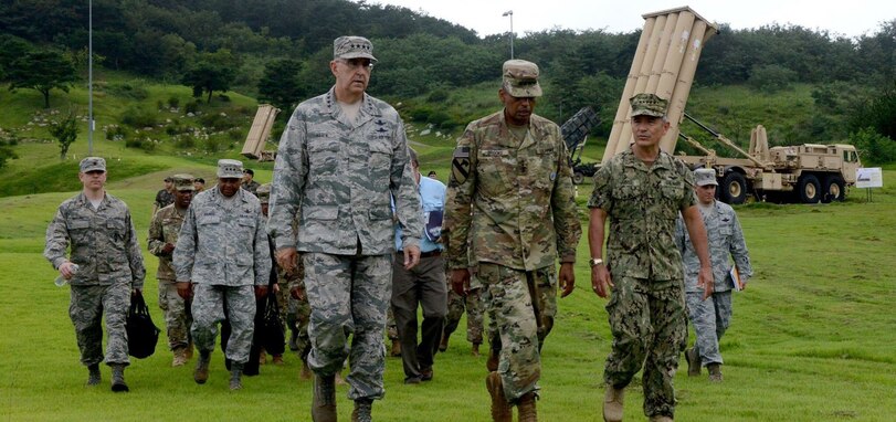 Commander U.S. Pacific Command Adm. Harry Harris, Gen. John Hyten, commander of U.S. Strategic Command, Gen. Vincent K. Brooks, commander of U.S. Forces Korea, Combined Forces Command and United Nations Command, Gen. Kim, Byeong Joo, deputy commander of Combined Forces Command, Lt. Gen. Samuel Greaves, commander of Missile Defense Agency, and Brig. Gen. Sean A. Gainey, 94th Army Air and Missile Defense commander visited the Terminal High Altitude Area Defense (THAAD) site, Aug. 22, 2017 in the eastern part of the Korean peninsula. The leaders visited service members and discussed the weapon systems' layered defense capabilities in light of North Korea's evolving ballistic missile tests.