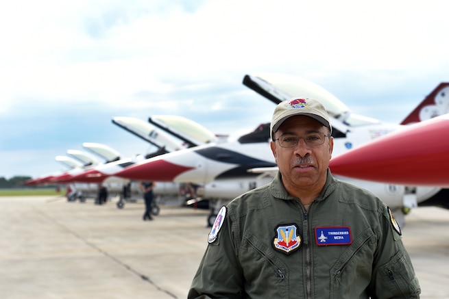 Hometown Hero, Dr. Brian Smith, President and Treasurer of the Tuskegee Airmen National Museum, awaits an incentive flight with the United States Air Force Thunderbirds, on August 20th 2017, during the Selfridge Centennial Open House and Air Show. As director of youth programs for the Detroit Chapter of Tuskegee Airmen Inc., Smith uses his personal aircraft to support the programs and helps maintain seven aircraft at the Tuskegee Airmen National Museum.   (U.S. Air National Guard photo by MSgt. David Kujawa)