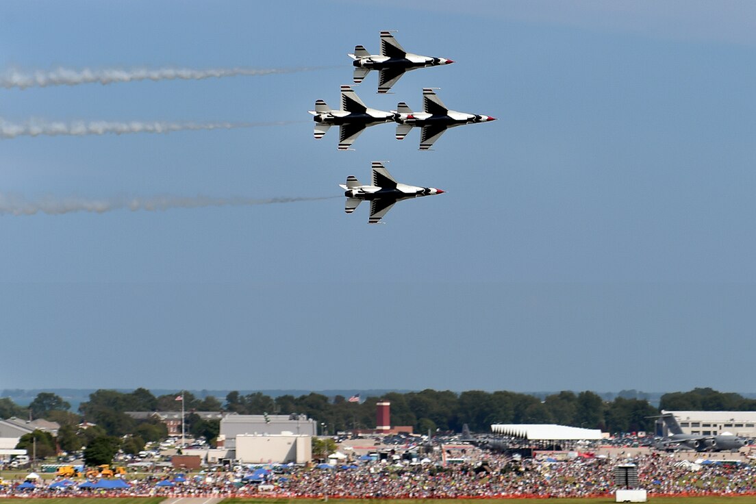 U.S. Air Force Thunderbirds F-16s from the 57th Wing, Nellis Air Force Base, Nevada, perform at the Selfridge Centennial Open House and Air Show on Aug. 19th, 2017.  The Thunderbirds are the U.S. Air Force’s elite demonstration flying squadron, and performed at the Selfridge Air Show on August 19th and 20th, 2017 in celebration of the base’s 100 years of continuous flying operations.  (U.S. Air National Guard photo by MSgt. David Kujawa)