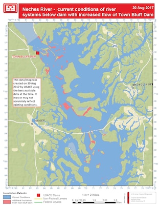 Neches River - current conditions of river systems below dam with increase flow of Town Bluff Dam