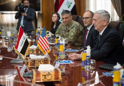 Defense Secretary Jim Mattis meets with Iraqi Defense Minister Arfan al-Hayali at the Ministry of Defense in Baghdad.