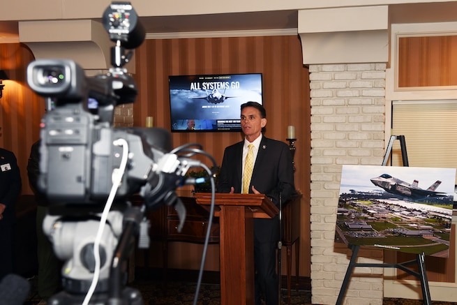 170221-Z-EZ686-012 -- Mark Hackel, Macomb County Executive, discusses the F-35 at a press conference prior to the monthly Base Community Council meeting at Zuccaro’s Banquet Center in Chesterfield, Mich., Feb. 21, 2017. The Macomb County Executive’s office held the press conference to unveil the public website to inform the public on basing the Air Force’s newest fighter jet at Selfridge. Selfridge was listed as one of five finalists in the Air Force’s basing of the F-35 fifth generation fighter aircraft. If selected Selfridge would expect to see the new fighters in the year 2023 and would replace the A-10 Thunderbolt II. (U.S. Air National Guard photo by MSgt. David Kujawa)