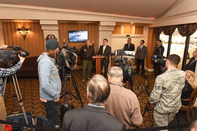 170221-Z-EZ686-031 -- Brig. Gen. John D. Slocum, 127th Wing Commander, and Mark Hackel, Macomb County Executive, discuss the F-35 at a press conference prior to the monthly Base Community Council meeting at Zuccaro’s Banquet Center in Chesterfield, Mich., Feb. 21, 2017. The Macomb County Executive’s office held the press conference to unveil the public website to inform the public on basing the Air Force’s newest fighter jet at Selfridge. Selfridge was listed as one of five finalists in the Air Force’s basing of the F-35 fifth generation fighter aircraft. If selected Selfridge would expect to see the new fighters in the year 2023 and would replace the A-10 Thunderbolt II. (U.S. Air National Guard photo by MSgt. David Kujawa)